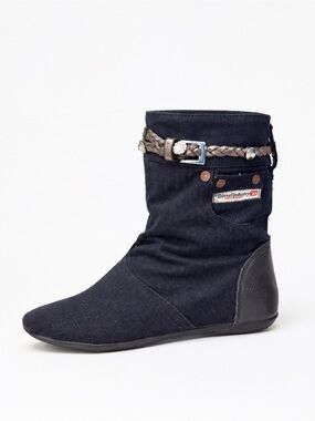 Diesel Denim Ankle Boots with Belt Crystals Strap – Edgy Casual Style size 5.5